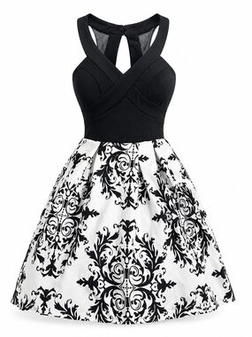 Crystal Doll Black and White Cross-Back Fit-and-Flare Mini Dress
